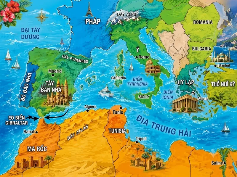 Biển Địa Trung Hải nằm giữa ba châu lục châu Âu, châu Á và châu Phi.